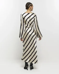 River Island satin stripe belted slip midi dress White Sale