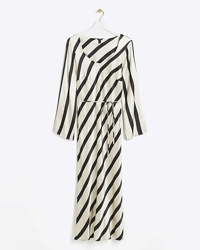 River Island satin stripe belted slip midi dress White Sale