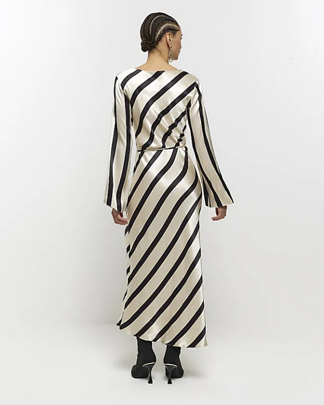 River Island satin stripe belted slip midi dress White Sale