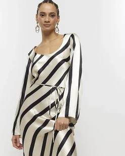 River Island satin stripe belted slip midi dress White Sale