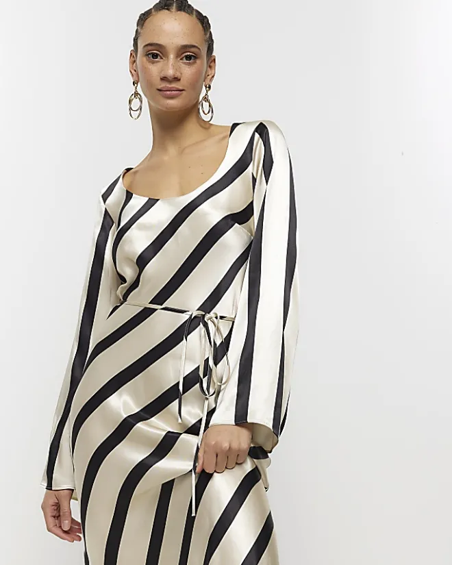 River Island satin stripe belted slip midi dress White Sale