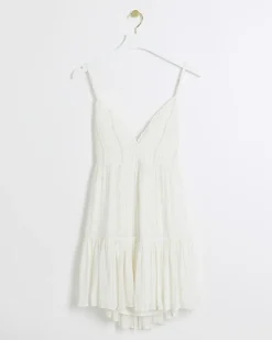 River Island shirred tiered beach mini dress White Discount