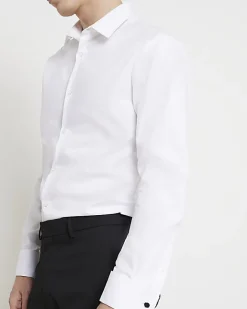 River Island slim fit double cuff smart shirt White Hot