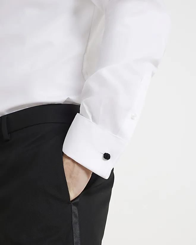 River Island slim fit double cuff smart shirt White Hot