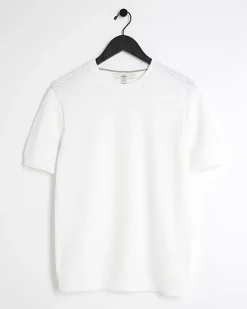 River Island slim fit textured knit t-shirt White Clearance