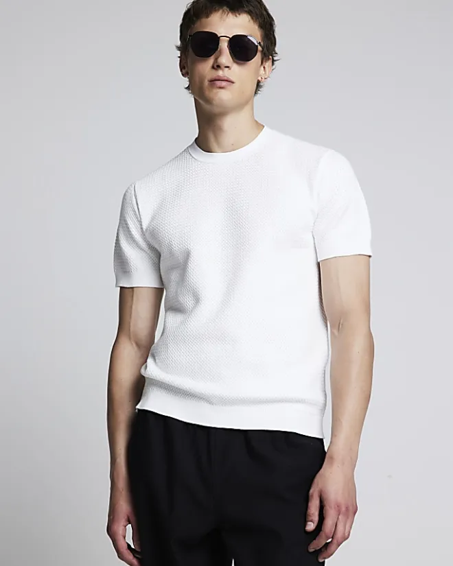 River Island slim fit textured knit t-shirt White Clearance