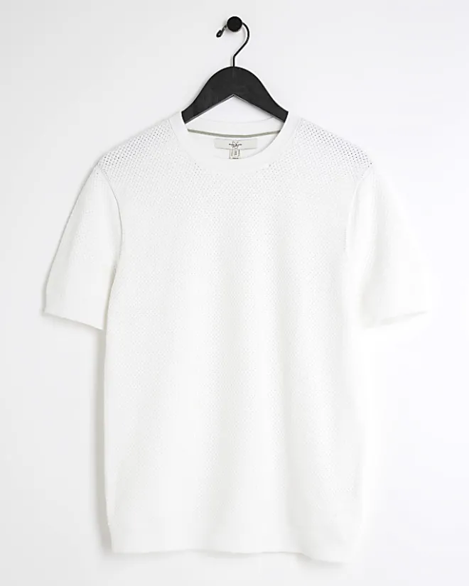 River Island slim fit textured knit t-shirt White Clearance