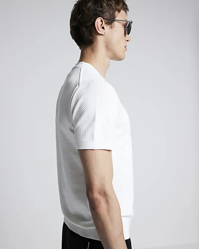 River Island slim fit textured knit t-shirt White Clearance