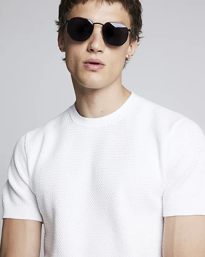 River Island slim fit textured knit t-shirt White Clearance