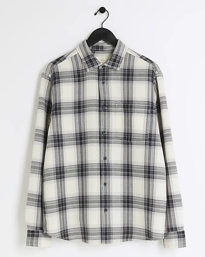 River Island slim fit waffle textured check shirt White Discount
