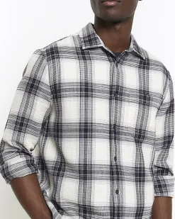 River Island slim fit waffle textured check shirt White Discount