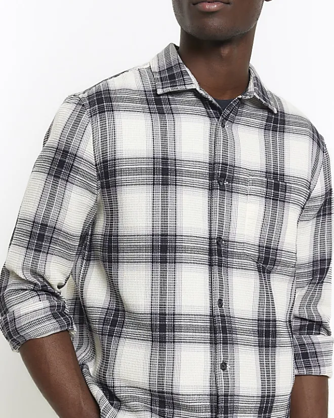 River Island slim fit waffle textured check shirt White Discount
