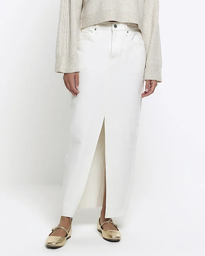 River Island split hem denim maxi skirt White New