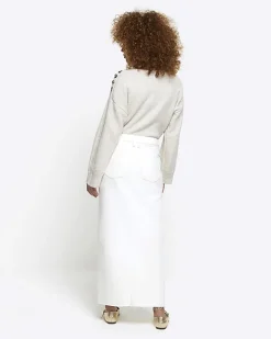 River Island split hem denim maxi skirt White New