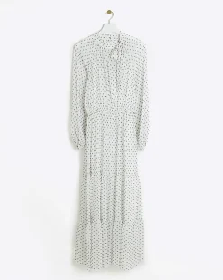 River Island spot bow swing midi dress White Best