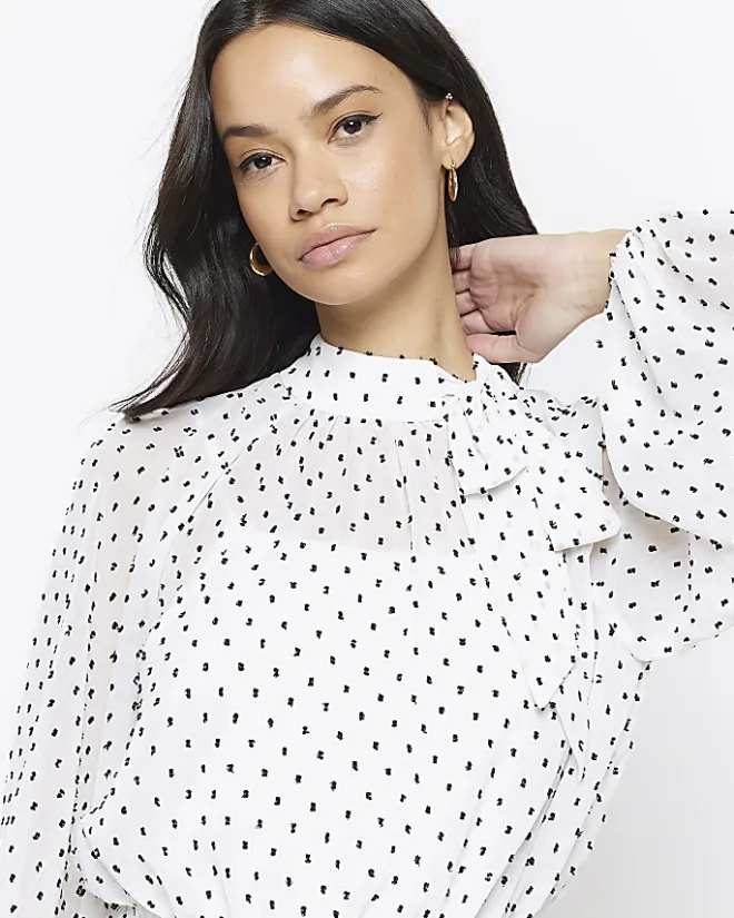 River Island spot bow swing midi dress White Best