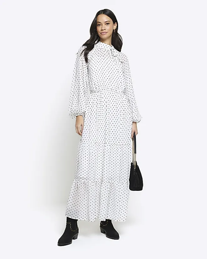 River Island spot bow swing midi dress White Best
