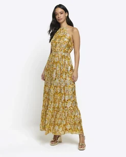 River Island floral glitter slip maxi dress Yellow Sale