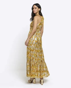 River Island floral glitter slip maxi dress Yellow Sale