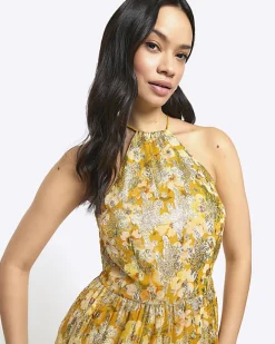 River Island floral glitter slip maxi dress Yellow Sale