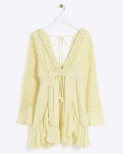 River Island lace sleeve beach mini dress Yellow Sale