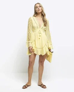 River Island lace sleeve beach mini dress Yellow Sale