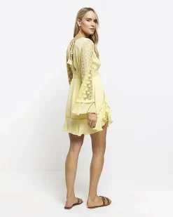 River Island lace sleeve beach mini dress Yellow Sale