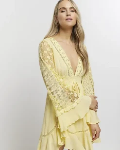 River Island lace sleeve beach mini dress Yellow Sale