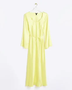 River Island satin belted slip midi dress Yellow Clearance