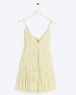 River Island shirred tiered beach mini dress Yellow Sale